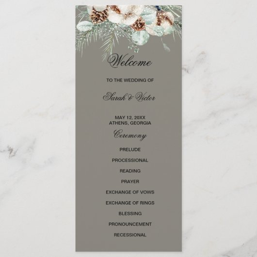 Snowy Greenery floral double side program card Programmakaart (Voorkant)