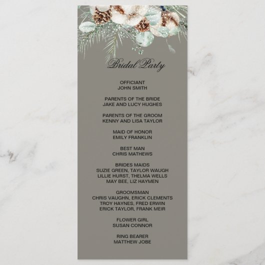 Snowy Greenery floral double side program card Programmakaart (Achterkant)