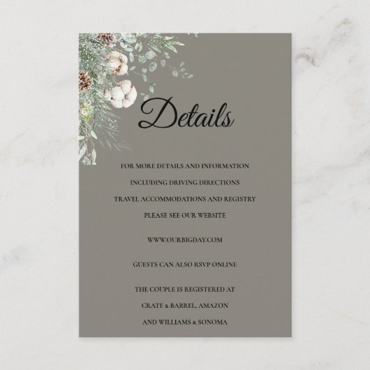 Snowy Greenery floral Enclosure Card Details Informatiekaartje (Voorkant)