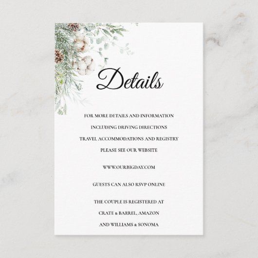Snowy Greenery floral Enclosure Card Details Informatiekaartje (Voorkant)
