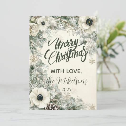 Snowy Greenery Rustic Christmas Feestdagenkaart (Staand voorkant)