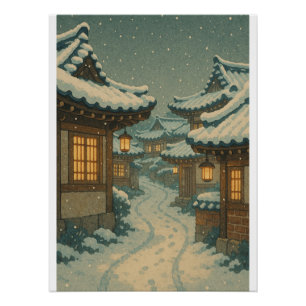 Snowy Hanok Village Retro Art Perfect Poster