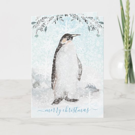 Snowy Icy Arctic Penguin Waterverf Holiday Feestdagen Kaart (Voorkant)