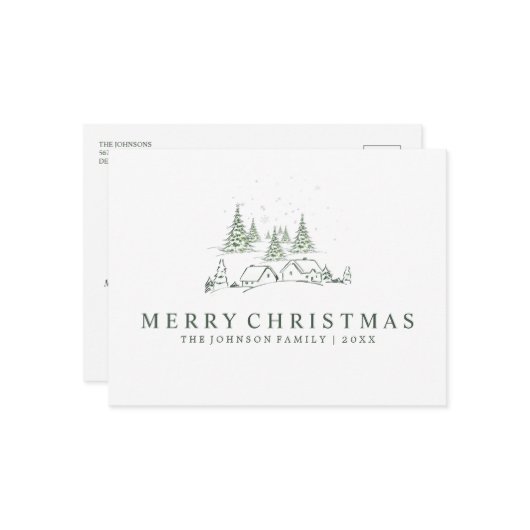 Snowy kerstdorp feestdagenkaart (Voorkant / Achterkant in situ)