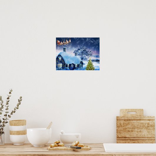 Snowy Kersthuis en Santa Poster (Keuken)