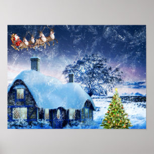 Snowy Kersthuis en Santa Poster