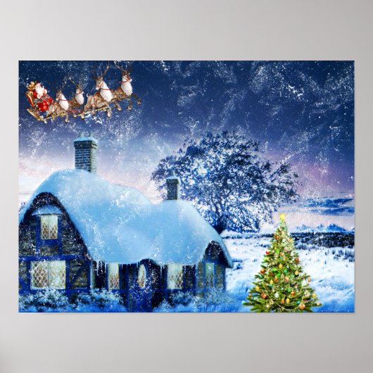 Snowy Kersthuis en Santa Poster (Voorkant)