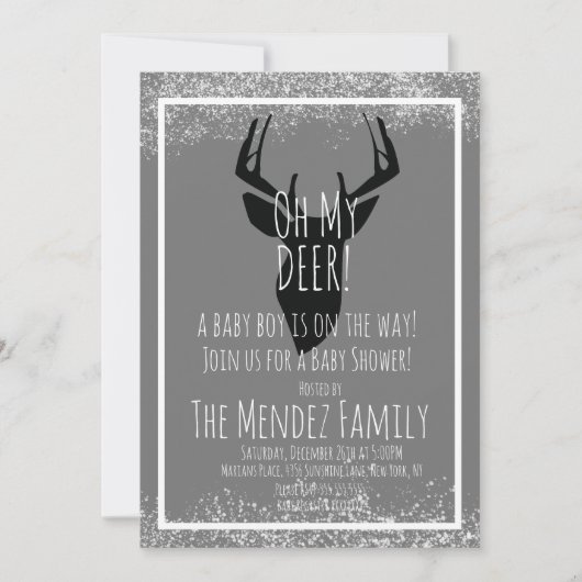 Snowy Kerstmis Deer Plays Baby shower Kaart (Voorkant)