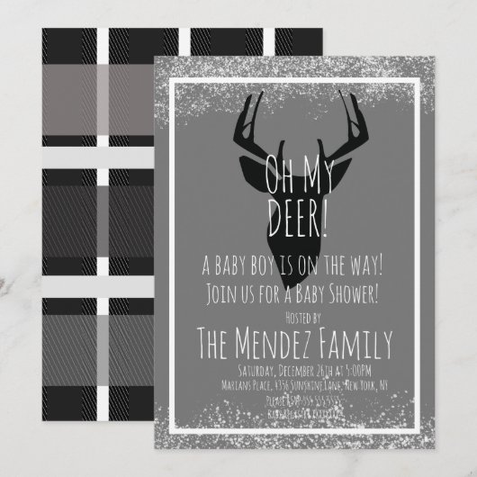 Snowy Kerstmis Deer Plays Baby shower Kaart (Voorkant / Achterkant)