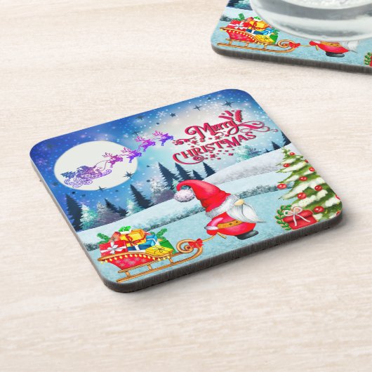 Snowy Kerstmis Gnome en Santa's slee geschenken Bier Onderzetter (Linkerzijde)