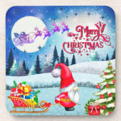 Snowy Kerstmis Gnome en Santa's slee geschenken Bier Onderzetter (Voorkant)