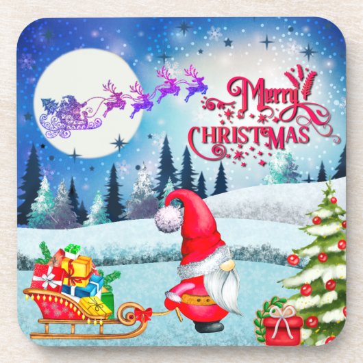 Snowy Kerstmis Gnome en Santa's slee geschenken Bier Onderzetter (Voorkant)