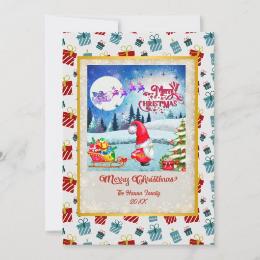 Snowy Kerstmis Gnome en Santa's slee geschenken Feestdagenkaart (Voorkant)
