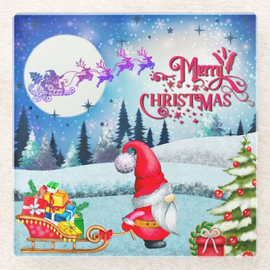 Snowy Kerstmis Gnome en Santa's slee geschenken Glazen Onderzetter (Voorkant)