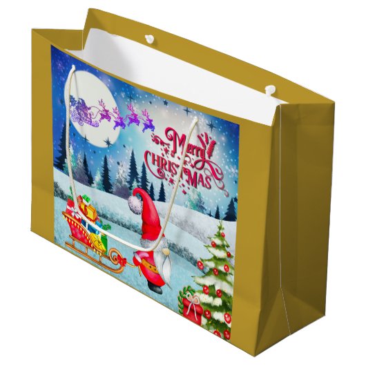 Snowy Kerstmis Gnome en Santa's slee geschenken Groot Cadeauzakje (Voorkant Gekanteld)