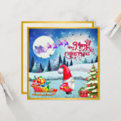Snowy Kerstmis Gnome en Santa's slee geschenken Kaart (Voorkant / Achterkant in situ)