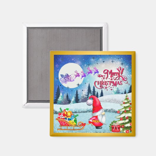 Snowy Kerstmis Gnome en Santa's slee geschenken Magneet (Voorkant / Achterkant)