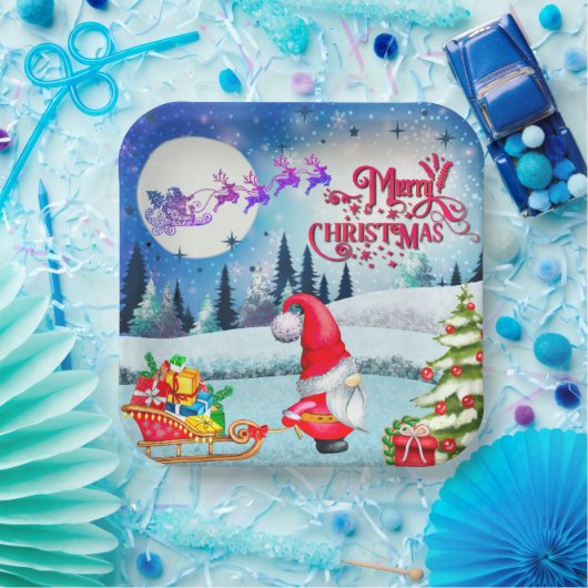 Snowy Kerstmis Gnome en Santa's slee geschenken Papieren Bordje (Feest)