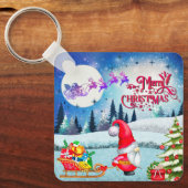 Snowy Kerstmis Gnome en Santa's slee geschenken Sleutelhanger (Voorkant)