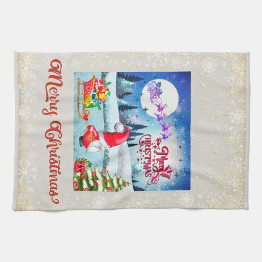 Snowy Kerstmis Gnome en Santa's slee geschenken Theedoek (Horizontaal)
