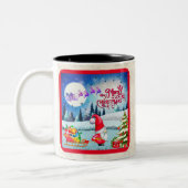 Snowy Kerstmis Gnome en Santa's slee geschenken Tweekleurige Koffiemok (Links)