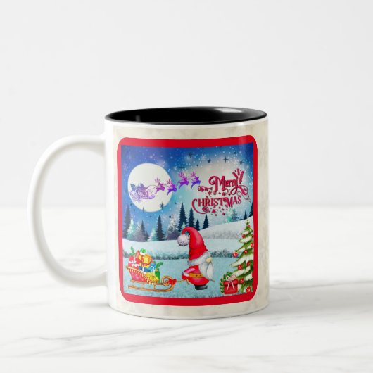 Snowy Kerstmis Gnome en Santa's slee geschenken Tweekleurige Koffiemok (Links)