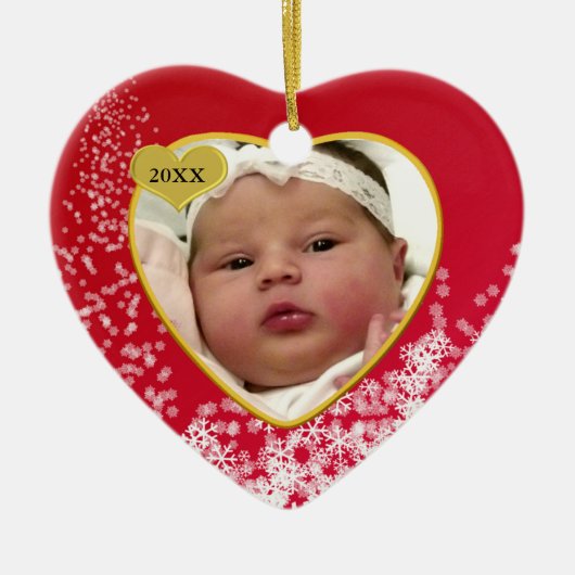Snowy Kerstmis Rood Baby's Hart Foto Keramisch Ornament (Voorkant)