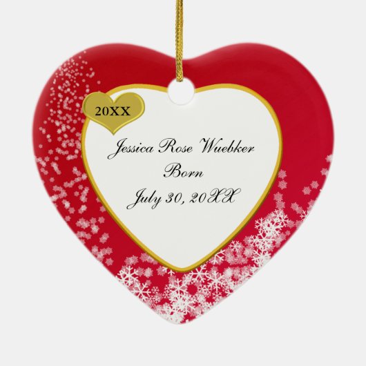 Snowy Kerstmis Rood Baby's Hart Foto Keramisch Ornament (Achterkant)