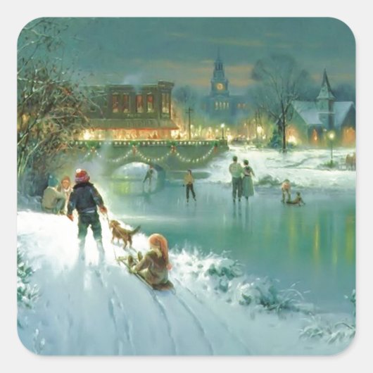 Snowy Kerstmis Scene Vierkante Sticker (Voorkant)