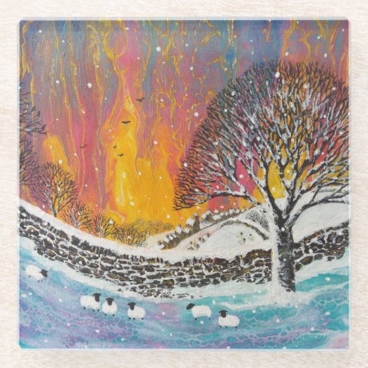 Snowy kerstscene Holiday Glazen Onderzetter (Voorkant)