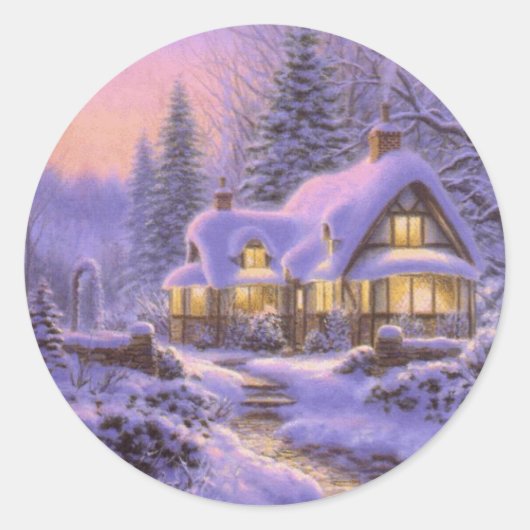 Snowy Kerstwinter Scene Ronde Sticker (Voorkant)