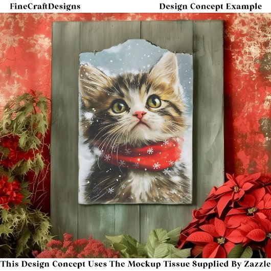 Snowy Kitten, Rode Kerstsjaal EG2R Decoupage Tissuepapier