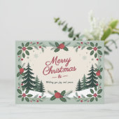 Snowy Landscape & Fir Trees - Vrolijk Kerstfeest Feestdagenkaart (Staand voorkant)