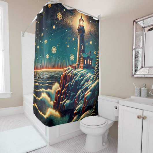 Snowy Lighthouse op Cliff Douchegordijn (In situ)