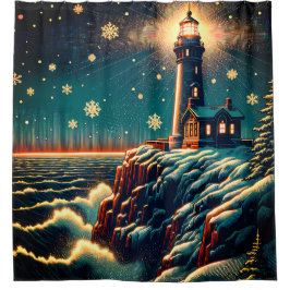Snowy Lighthouse op Cliff Douchegordijn