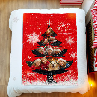 Snowy Merry Christmas Family Photo Tree Fleece Deken