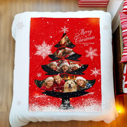 Snowy Merry Christmas Family Photo Tree Fleece Deken