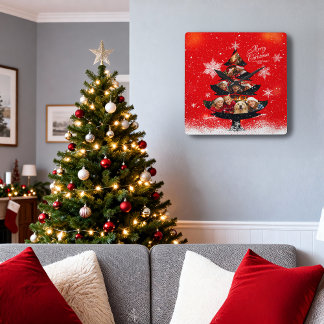 Snowy Merry Christmas Family Photo Tree Vierkante Klok