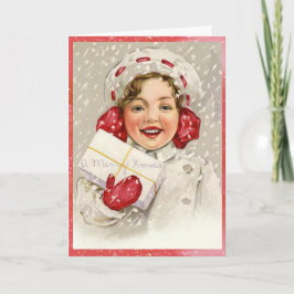 Snowy Merry Christmas Vintage Girl Feestdagen Kaart