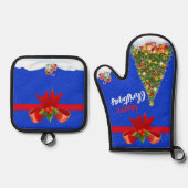 Snowy Merry kerstboom met rode strik Ovenwant & Pannenlap Set (Voorkant)