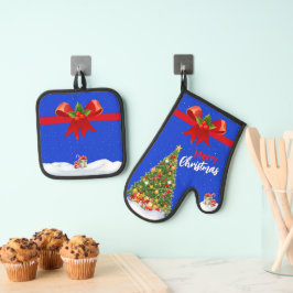 Snowy Merry kerstboom met rode strik Ovenwant & Pannenlap Set