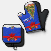 Snowy Merry kerstboom met rode strik Ovenwant & Pannenlap Set (Voorkant / Achterkant)