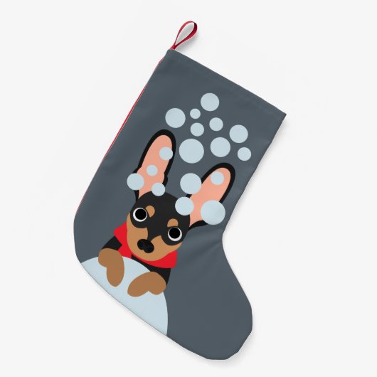 Snowy Miniature Pinscher Kerstmis Stocking Kleine Kerstsok (Voorkant (Hangend))