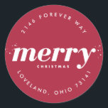 Snowy Modern Merry Christmas Retouradres Ronde Sticker<br><div class="desc">Coördineer perfect uw adresetiketten met uw foto kerstkaarten met deze sneeuw thema modern kerst gepersonaliseerde retour adres sticker.</div>