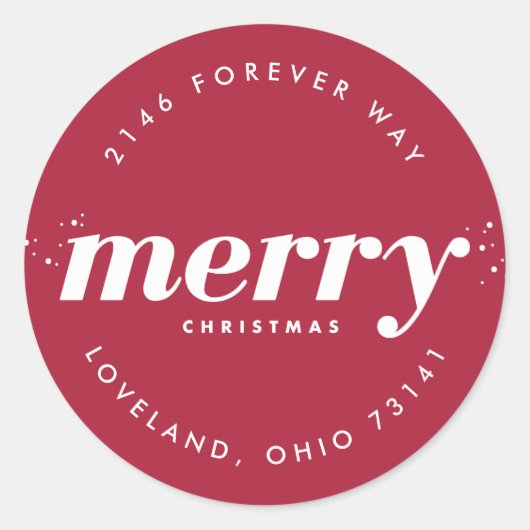 Snowy Modern Merry Christmas Retouradres Ronde Sticker (Voorkant)