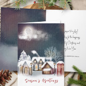 Snowy Moonlit Village Kerstscène Winter Feestdagen Kaart