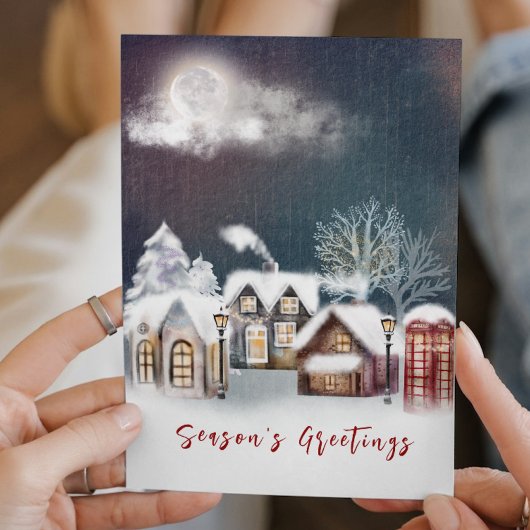 Snowy Moonlit Village Kerstscène Winter Feestdagen Kaart