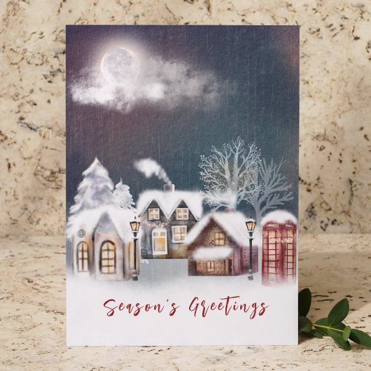 Snowy Moonlit Village Kerstscène Winter Feestdagen Kaart
