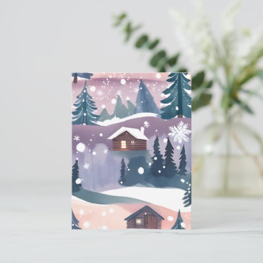 Snowy Mountain Cabin Waterverf Briefkaart (Staand voorkant)