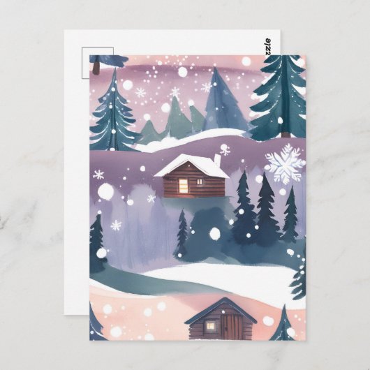 Snowy Mountain Cabin Waterverf Briefkaart (Voorkant / Achterkant)